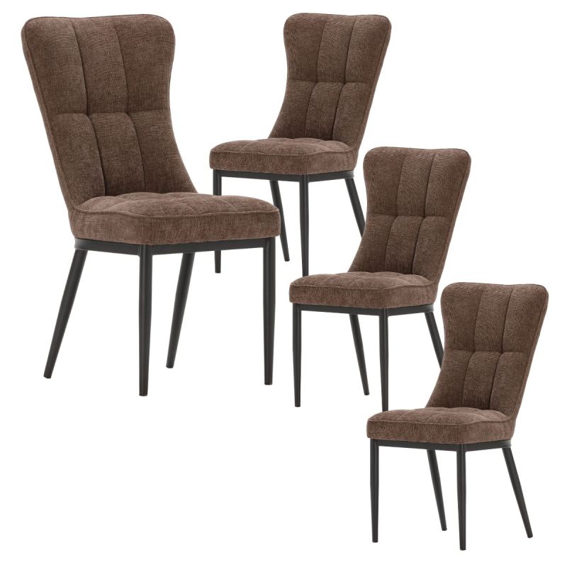 Lot de 4 chaises en tissu polyester doux chocolat et pieds en métal laqué noir - DAMYAN
