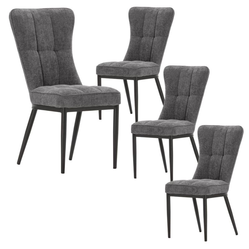 Lot de 4 chaises en tissu polyester doux gris et pieds en métal laqué noir - DAMYAN