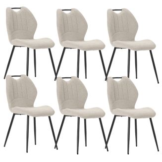 Lot de 6 chaises en tissu polyester maillé beige avec poignée et pieds en métal laqué noir - MILDA