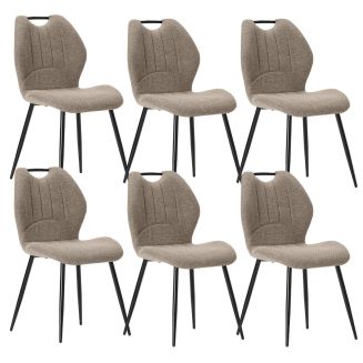 Lot de 6 chaises en tissu polyester maillé brun avec poignée et pieds en métal laqué noir - MILDA