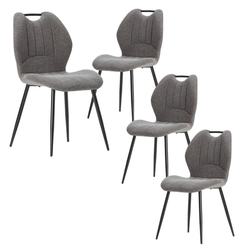 Lot de 4 chaises en tissu polyester maillé gris avec poignée et pieds en métal laqué noir - MILDA