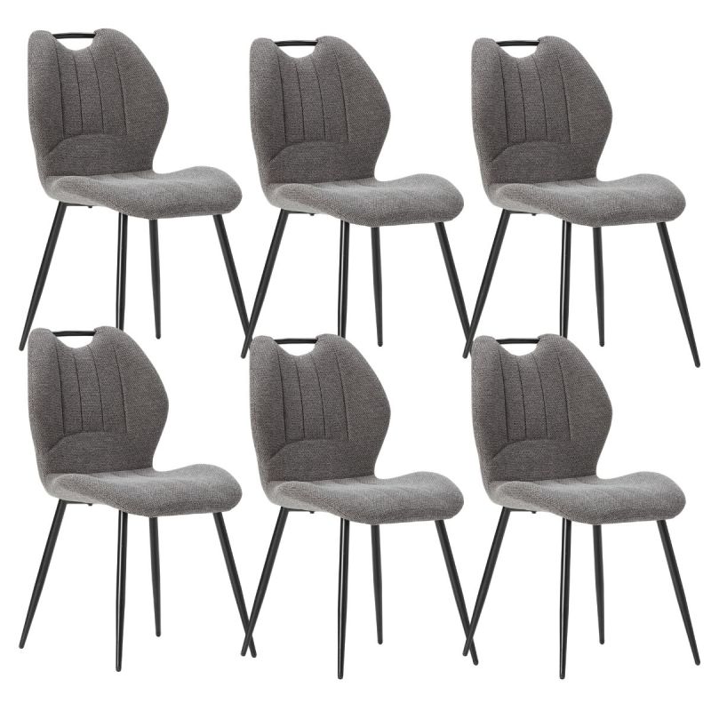 Lot de 6 chaises en tissu polyester maillé gris avec poignée et pieds en métal laqué noir - MILDA