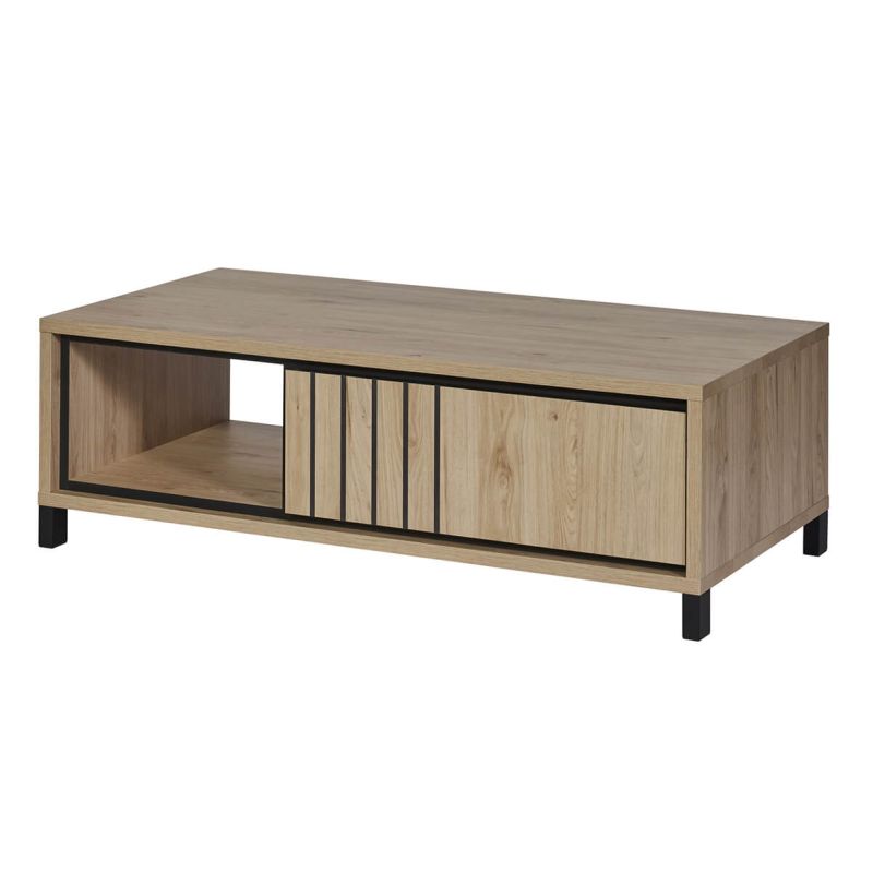 Table Basse 1 Tiroir Aspect bois Détail Déco Lignes Verticales Noires - ANTHONY