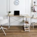 BIWO - Bureau d'Angle Blanc et Naturel avec 2 Tablettes