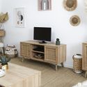 MAYA - Meuble TV 2 Portes Effet Bois et Façades Rotin