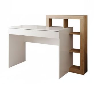 Coiffeuse 1 tiroir avec étagère décalées blanc laqué et aspect bois finition Cadiz - ARTURO