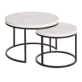 Table Basse Gigogne Aspect Bois finition marbre blanc Piètement Métal Noir - MARMOL