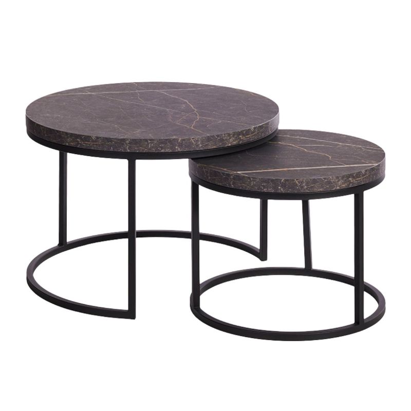 Table Basse Gigogne Aspect Bois finition marbre noir Piètement Métal Noir - MARMOL