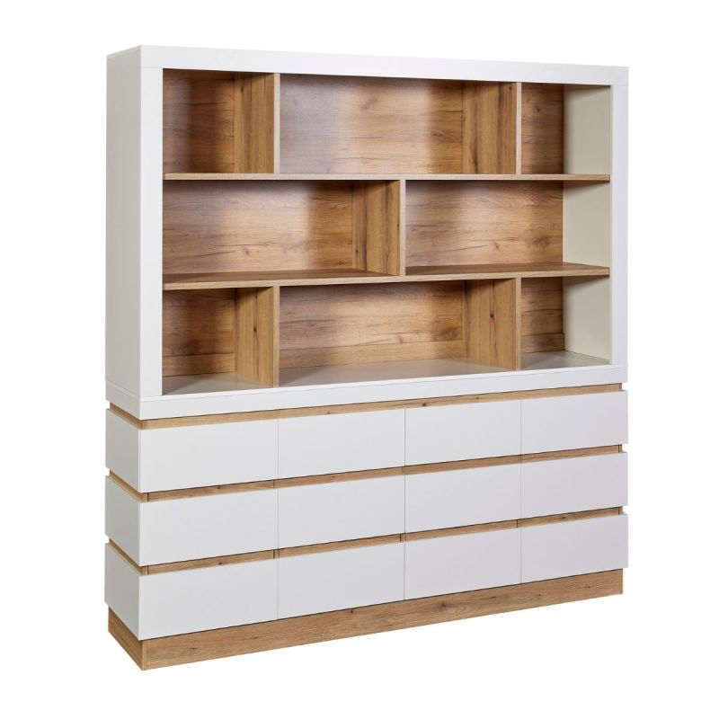 Meuble de cuisine 8 niches et rangements bas 4 portes et 2 tiroirs finition blanc et bois - DUALIS