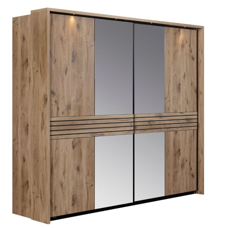 Armoire 2 portes coulissantes avec miroir et leds aspect bois et noir - NIKITA
