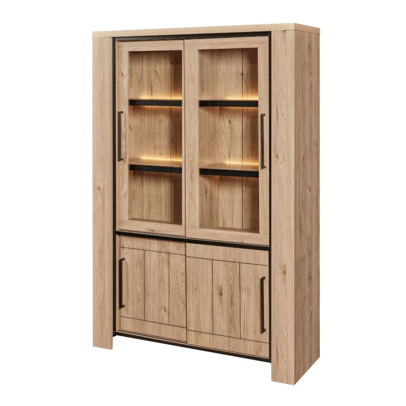Argentier 4 portes coulissantes dont 2 vitrées avec éclairage leds aspect bois finition Castel Oak - SORIEL