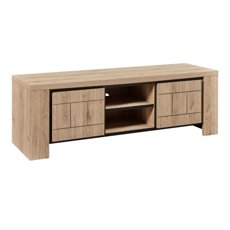Meuble TV 2 portes 2 niches aspect bois finition Castel Oak - SORIEL