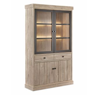 Argentier 4 portes dont 2 vitrées et 2 tiroirs avec éclairage leds aspect bois finition Beach Oak - ROLYA