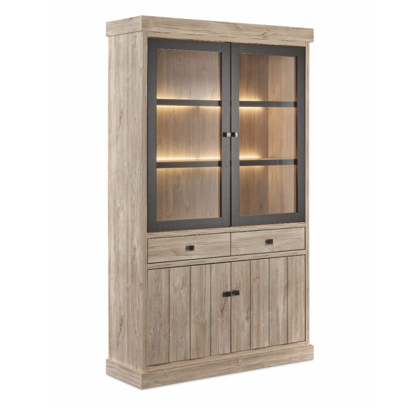Argentier 4 portes dont 2 vitrées et 2 tiroirs avec éclairage leds aspect bois finition Beach Oak - ROLYA