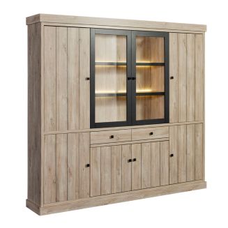 Bibliothèque 6 portes dont 2 vitrées et 2 tiroirs avec éclairage leds aspect bois finition Beach Oak - ROLYA