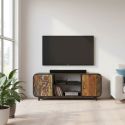 CALLISTE - Meuble TV 2 Portes en Bois Recyclé de Caractère Structure Acier