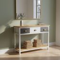 PATTY - Console 3 Tiroirs en Pin Teinté Gris et Blanc 2 Plateaux Naturel