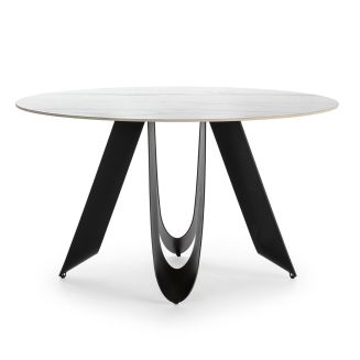 Table de repas design Ø 134 cm avec plateau céramique imitation marbre blanc pied métal noir architectural- LEILA