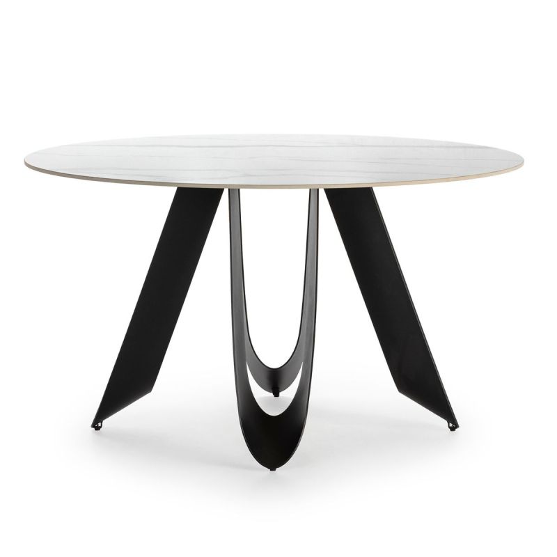 Table de repas design Ø 134 cm avec plateau céramique imitation marbre blanc pied métal noir architectural- LEILA