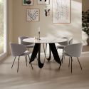 Table de repas design Ø 134 cm avec plateau céramique imitation marbre blanc pied métal noir architectural- LEILA