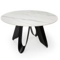 Table de repas design Ø 134 cm avec plateau céramique imitation marbre blanc pied métal noir architectural- LEILA