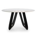 Table de repas design Ø 134 cm avec plateau céramique imitation marbre blanc pied métal noir architectural- LEILA