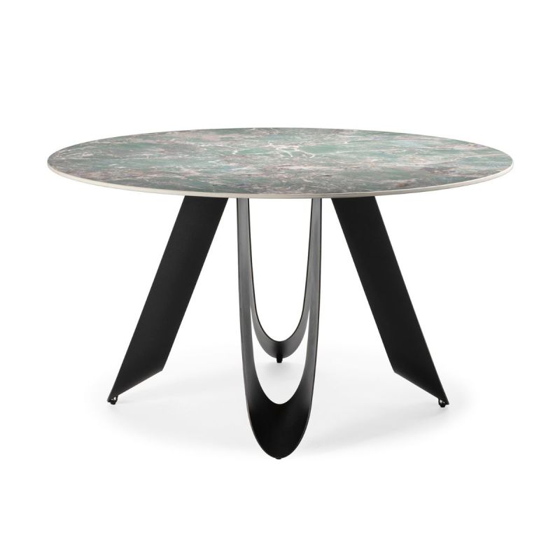 Table de repas design Ø 134 cm avec plateau céramique imitation marbre vert pied métal noir architectural- LEILA