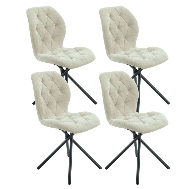 Lot de 4 chaises pivotantes en tissu déperlant beige avec piqûres décoratives losanges - NOLYA