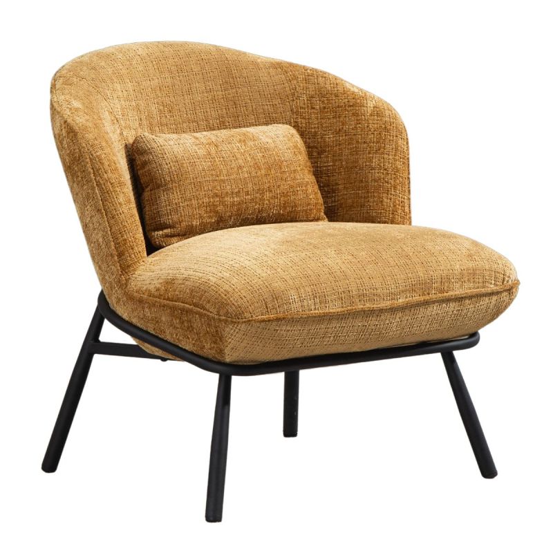 Fauteuil lounge en tissu chenillé jaune moutarde piètement métal noir - GASBY