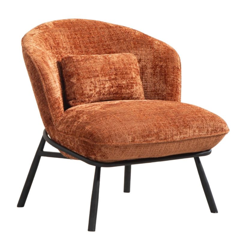 Fauteuil lounge en tissu chenillé terracotta piètement métal noir - GASBY