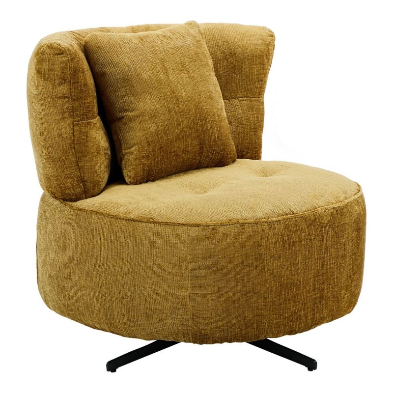 Fauteuil lounge pivotant en tissu chenillé jaune moutarde piètement métal noir avec coussin dorsal - MIRAGE