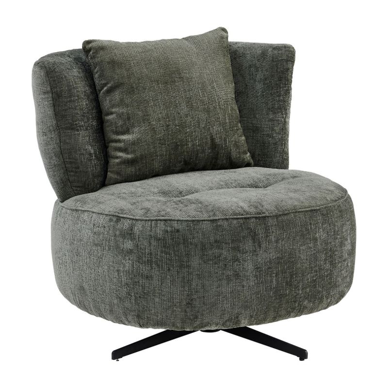 Fauteuil lounge pivotant en tissu chenillé vert piètement métal noir avec coussin dorsal - MIRAGE