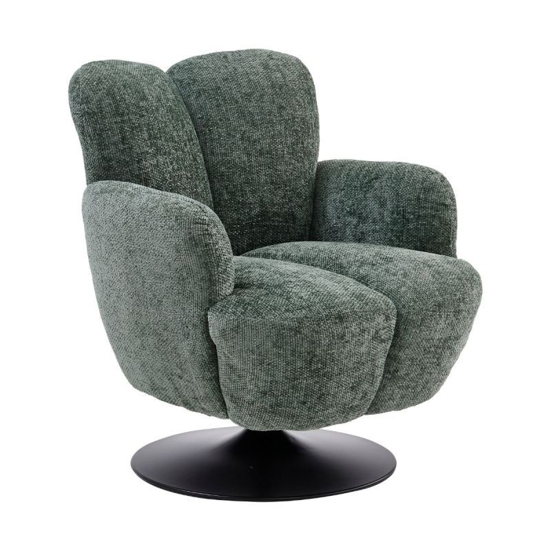 Fauteuil lounge pivotant avec accoudoir en tissu chenillé vert piètement socle métal noir - GOTHAM
