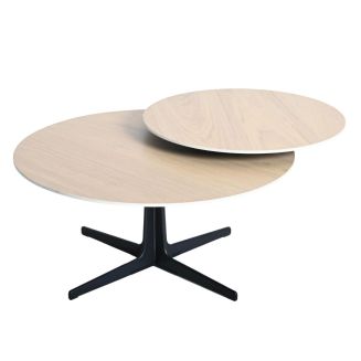 Table basse ronde avec plateau supérieur pivotant en céramique finition chêne - SATELLIT
