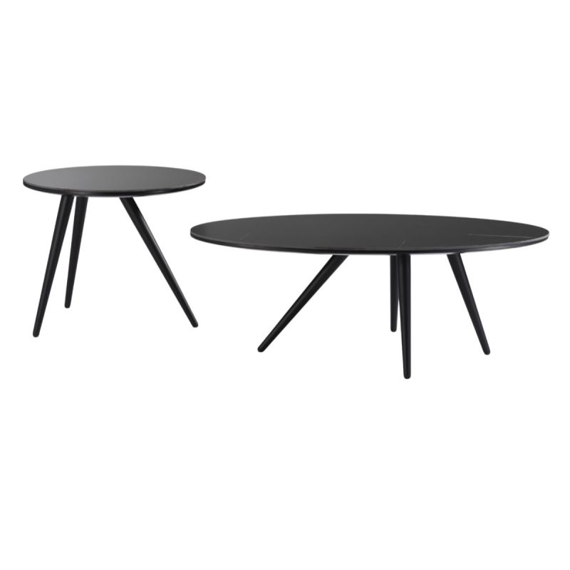 Lot de 2 tables basses plateau MDF placage céramique noir marbré piètement métal - SHADOW
