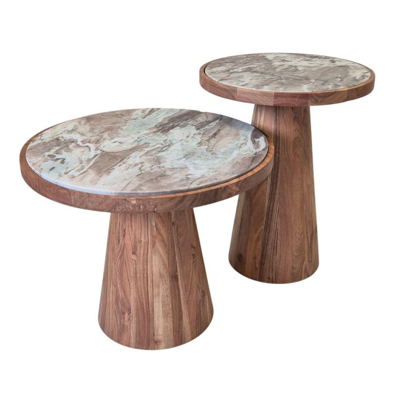 Lot de 2 tables basses rondes base en acacia avec plateau supérieur en marbre - NESTIA