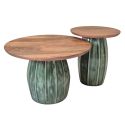 Lot de 2 tables basses rondes plateau en acacia et pied central en acier émaillé vert - JADE