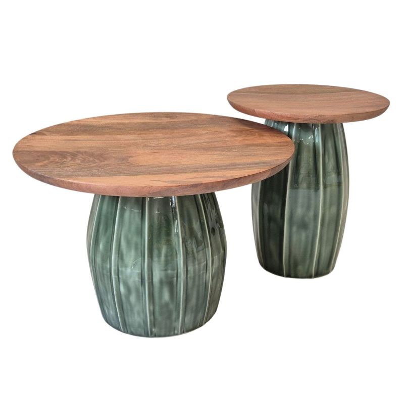 Lot de 2 tables basses rondes plateau en acacia et pied central en acier émaillé vert - JADE