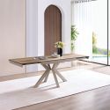 Table repas allongeable plateau en verre et céramique finition chêne pied étoile métal laqué sable - XENON