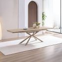 Table repas allongeable plateau en verre et céramique finition chêne pied étoile métal laqué sable - ECLIPSE