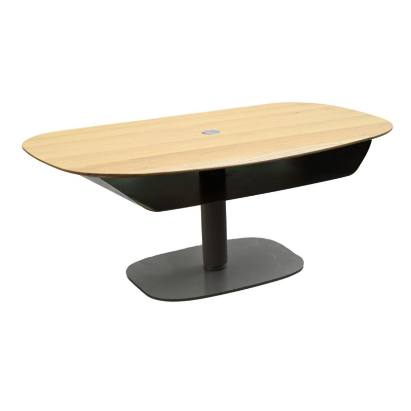 Table basse réglable en hauteur plateau MDF placage chêne pied central en métal laqué noir - ELEVIA