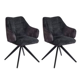 Lot de 2 fauteuils de table pivotants tissu double texture gris foncé pieds métal noir - MIKAELA