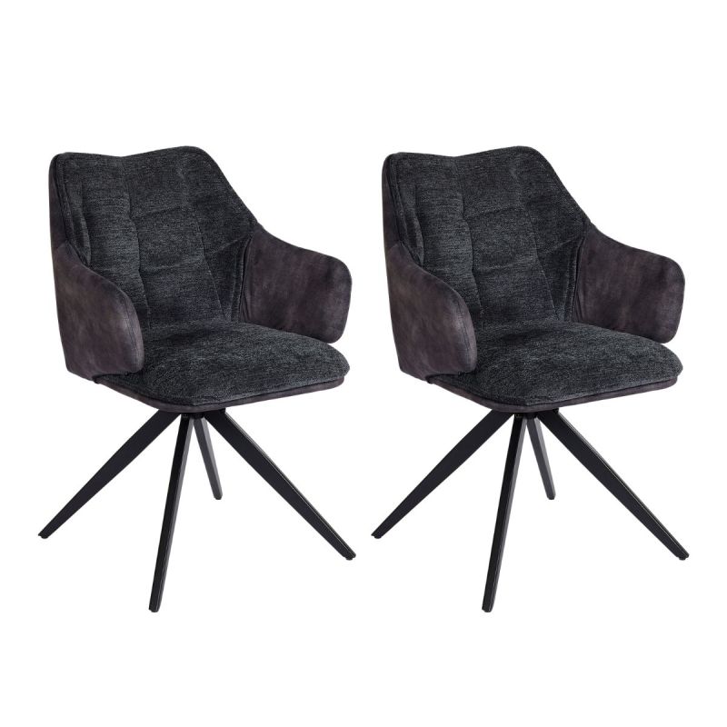 Lot de 2 fauteuils de table pivotants tissu double texture gris foncé pieds métal noir - MIKAELA