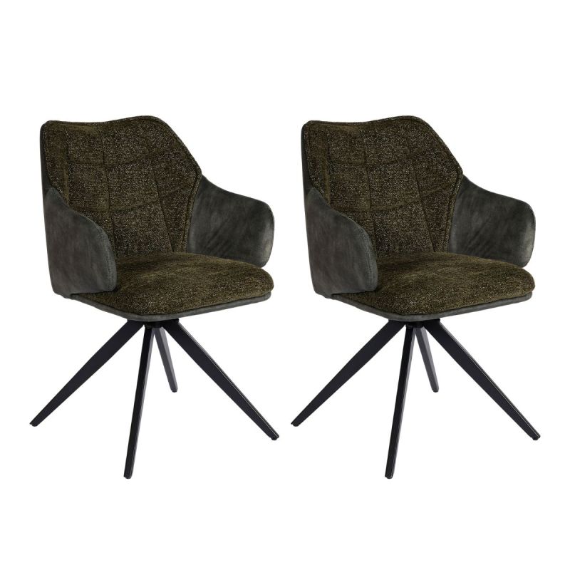 Lot de 2 fauteuils de table pivotants tissu double texture vert foncé pieds métal noir - MIKAELA