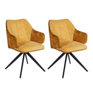 Lot de 2 fauteuils de table pivotants tissu double texture jaune pieds métal noir - MIKAELA
