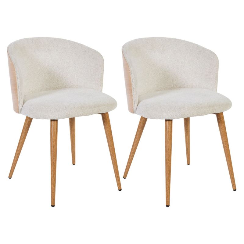 Lot de 2 chaises enveloppantes en tissu chenillé crème et dossier bois pieds métal noir - OLYA