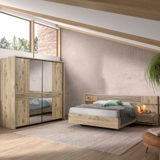 Chambre lit 140x200cm + tête de lit avec chevet et leds + armoire aspect bois et noir - NIKITA