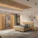 Chambre lit 160x200cm avec éclairage led + 2 chevets + armoire aspect bois et noir - LUDY
