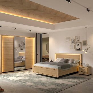 Chambre lit 160x200cm avec éclairage led + 2 chevets + armoire aspect bois et noir - LUDY