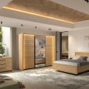 Chambre complète lit 180x200cm avec éclairage led + 2 chevets + commode + armoire aspect bois et noir - LUDY